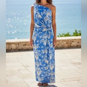 Blue and White One-Shoulder Dress